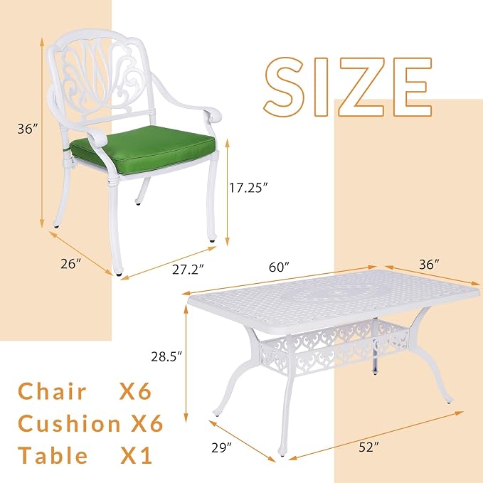 7-Piece Outdoor Patio Dining Set, 60” Rectangular Cast Aluminum Dining Table with Umbrella Hole and 6 Outdoor Dining Cushioned Chairs, Patio Funiture Set for Backyard, Patio, Garden, White