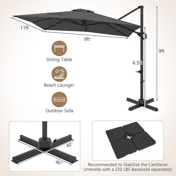 Tangkula 11 x 9 FT Patio Umbrella, Large Offset Cantilever Outdoor Umbrella with Aluminum Pole, 360 Degree Rotation, Tilt Adjustment, 8 Sturdy Ribs, Air Vent & Cross Base for Backyard Pool Garden Deck (Gray, 11x9 FT)
