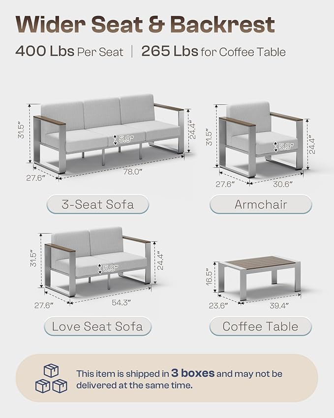 Aluminum Outdoor Patio Furniture, 2 Pieces Armchairs, All-Weather Metal Modern Outside Single Sofa for Deck, Porch (LightGray)