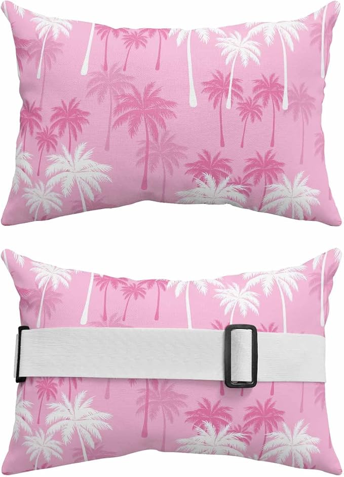 Tropical Palm Tree Outdoor Pillows for Chaise Lounge Chair Waterproof Lumbar Pillows with Insert&Adjustable Strap Beach Headrest Pillow Magenta Pink Plants Coastal Leaf Beach Pool Pillow 11"x16"