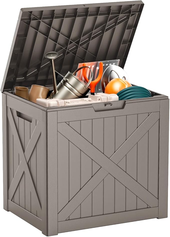 Deck Box Large Outdoor Storage for Patio Furniture,Outdoor Cushions,Garden Tools and Pool Supplies,Waterproof,Resin,Lockable (Grey, 32 Gal)