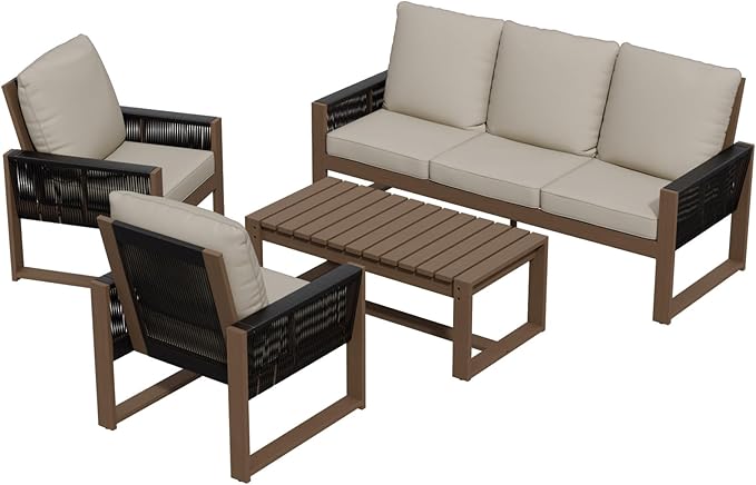 Rustic Hideaway Natural Cedar Wood Outdoor Furniture Set, Wicker Patio Conversation Set for Porch Garden Backyard, Couch, 2 Patio Chairs and Coffee Table, 4 Piece, Brownish/Beige