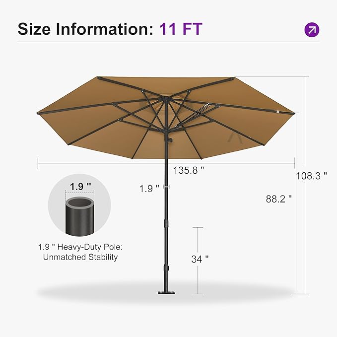 PURPLE LEAF 11Ft Round Semi-Auto Outdoor Patio Umbrella Aluminium Market Umbrella Table Sun Umbrella with 1.89" Rod and 8 Sturdy Ribs for Deck Lawn Pool Garden, Beige