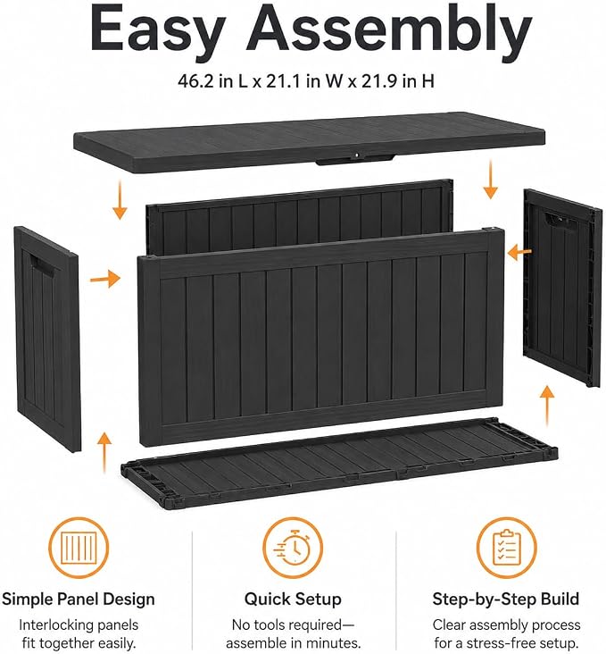Outdoor Deck Patio Storage Box - 80 Gallon Resin Outside Storage Bin with Lid for Patio Cushions, Garden Tools, Pool Accessories & Backyard Toy Storage, Black