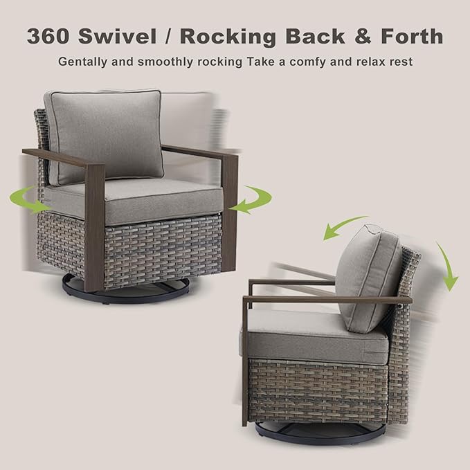 Rilyson Outdoor Wicker Patio Furniture Set - 6 Pieces Patio Conversation Set with 2 Wicker Swivel Rocker Chairs,2 Rattan Ottoman,1 Side Table and 1 Couch,Thick Cushions,Deep Seating(Mixed Grey/Grey)