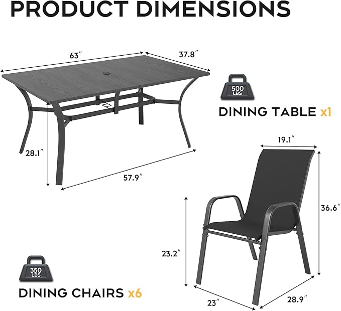 Outdoor Dining Set for 6, 7pcs Patio Table and Chairs Set with Adjustable Umbrella Hole,Heavy Duty 63”x37.8” Metal Dining Table and Stackable Patio Chair for Yard, Garden, Porch