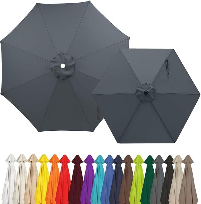 Outdoor Umbrella Replacement Canopy, 6 Ribs 8 Ribs Patio Umbrella Replacement Top Cover, 6.6ft 9 ft 10ft 13ft Waterproof Umbrella Top Canopy Fabric Replacement Canvas(Gray,9.2FT 6-Ribs)