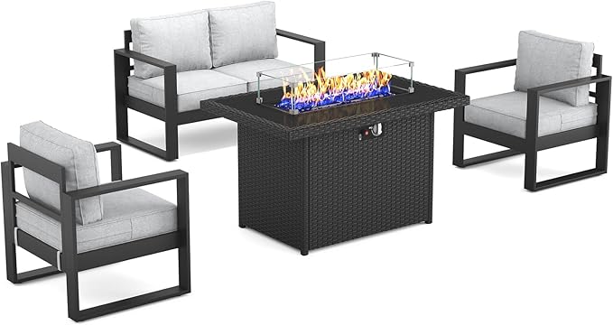 Outdoor Aluminum Furniture Set with Fire Pit Table - 4 Pieces Modern Patio Conversation Sets Metal Sectional Sofa Set
