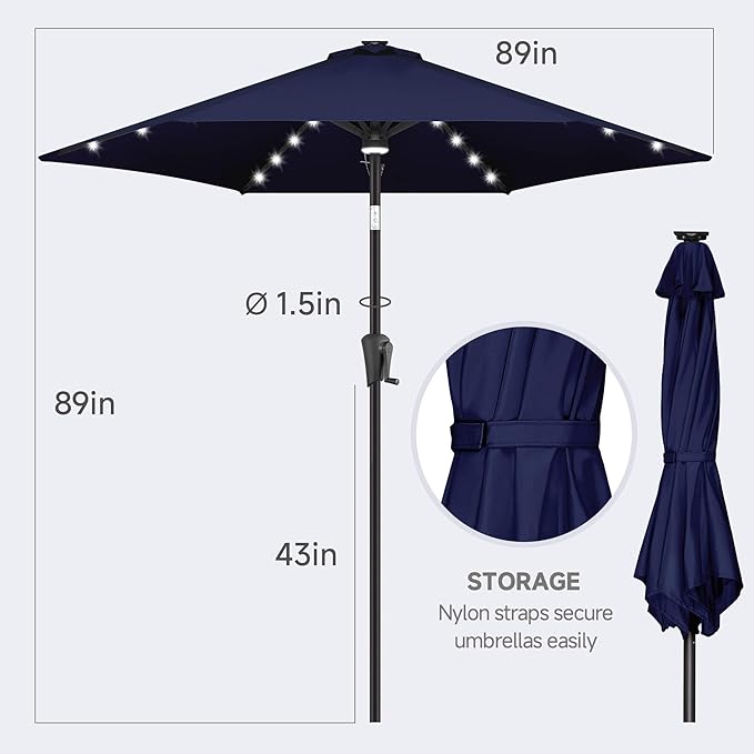 FLAME&SHADE 7.5 FT Solar Light Patio Umbrella, 24 LED Lights Outdoor Umbrella with Centre Surround Light, Table Umbrella Outdoor Patio for Deck, Pool, Backyard, Garden, UV Protection (Navy Blue)