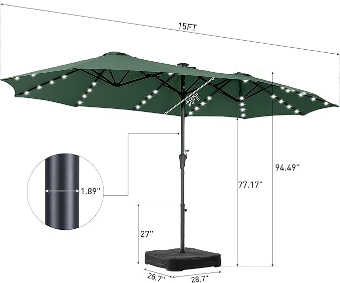15 ft Patio Umbrella with 48 LED Lights, Large Rectangle Outdoor Solar Umbrella with Matching Base, Strap, Crank, Green