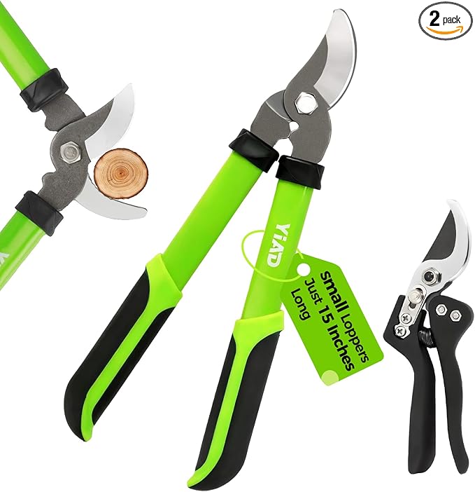 Garden Loppers & Pruning Shears 2pc Set 15"Small Loppers With Steel Serrated Blades Branch Cutter 1" Cut Capacity Tree Trimmer Lightweight Clippers for Yard Trimming Branches Rose Flower Shrub Plants