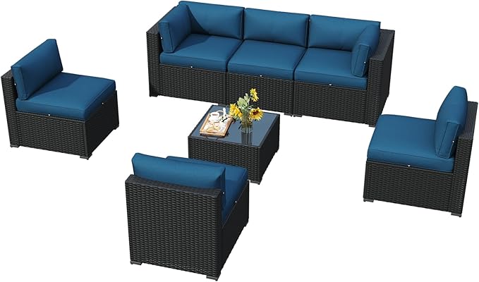 LazySunsets 7 Piece Outdoor Patio Furniture Set with Coffee Table, Outdoor Patio Furniture Sets with Waterproof Cover and 4'' Cushion, Wicker Rattan Outdoor Conversation Set for Backyard, Peacock Blue