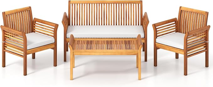 8 Piece Patio Furniture Set, Acacia Wood Sofa Set with Rectangular Coffee Table & Soft Seat Cushions, Outdoor Conversation Set for Garden, Backyard & Poolside