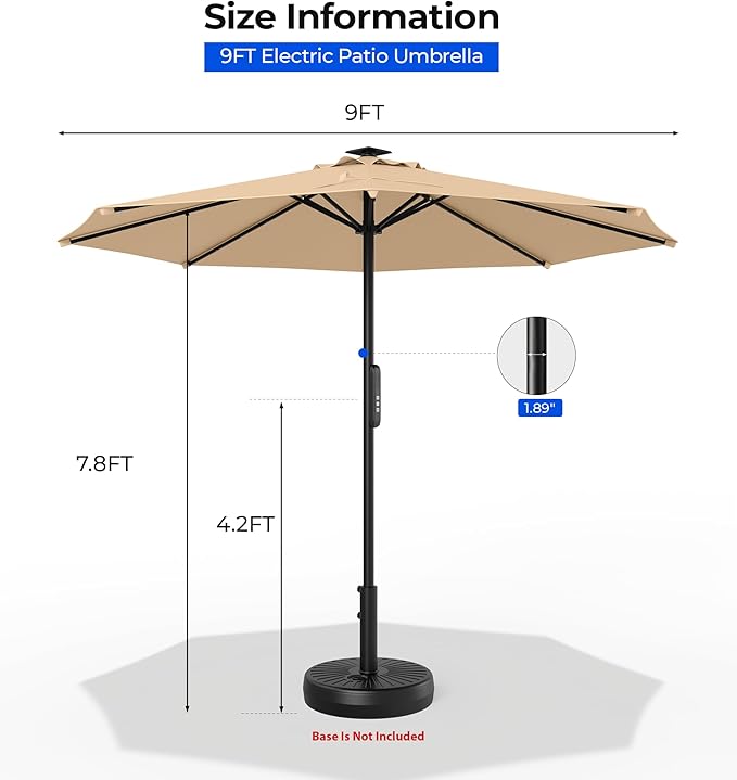HOMSHADE 9 FT Motorized Patio Umbrella with Remote Control, Outdoor Patio Umbrella with Solar Lights, Umbrella Outdoor Patio with UPF50+ UV Protection, 5-Year Fade Resistant for Deck, Backyard, Pool