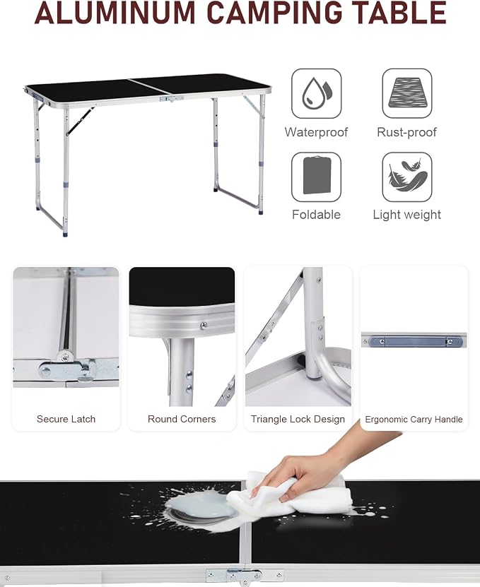 Outvita 4ft Portable Folding Camping Table, Outdoor Waterproof Adjustable Height Table, Aluminum Lightweight Suitcase Foldable Table for Picnic BBQ Beach Dining