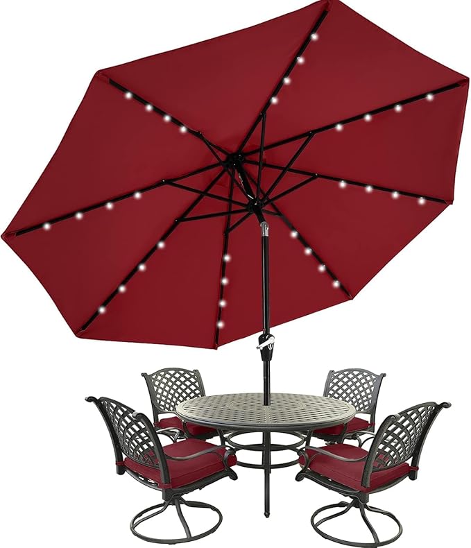 MASTERCANOPY 9FT 8Ribs Patio Umbrella with 32 Solar LED Lights, Outdoor Market Umbrella with Tilt & Crank, UV Protection & Fade Resistant Fabric, Easy Set-Up for Garden, Deck, Pool (Burgundy)