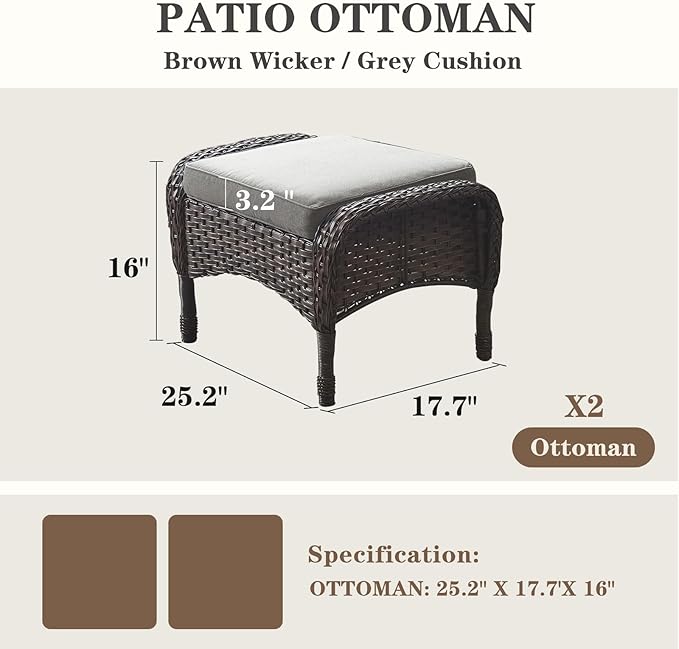 Belord Outdoor Ottomans for Patio Foot Rest - 25 Inch PE Wicker Foot Stool Set of 2 with Removable Cushions for Patio Furniture Sets,All Weather Rattan Ottoman for Balcony Deck Brown