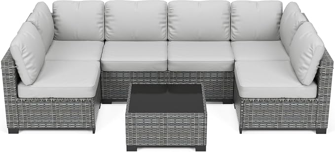 GarveeLife 7 Pieces Patio Furniture Set, Rattan Sectional Patio Sofa Set with 4 Sofas and One Coffee Table, Modular Outdoor Conversation Sofa Set for Garden, Backyard, Porch, Grey