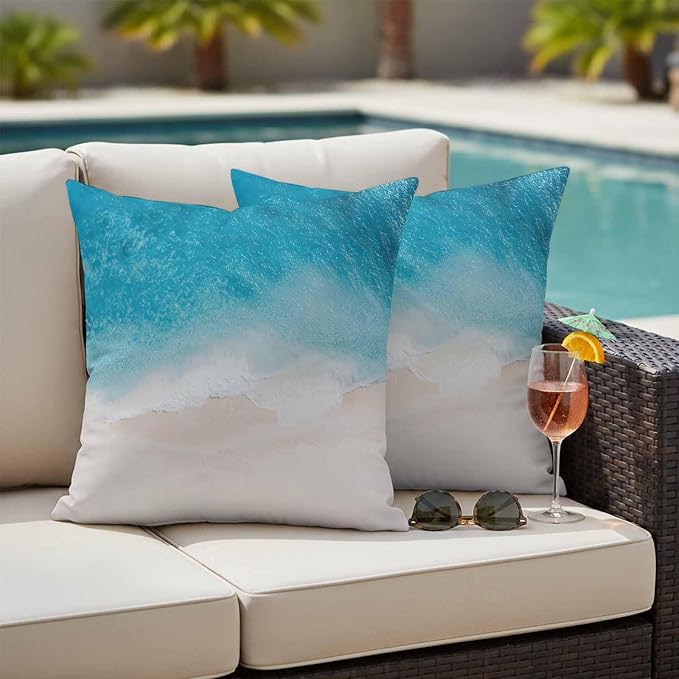 Pack of 2 Blue Beach Coastal Outdoor Pillow Covers Decorative, Ocean Seaside Waterproof Pillow Protector, Summer Nautical Throw Pillowcases Accent Cushion Cases for Patio Couch Sofa 26"x26"