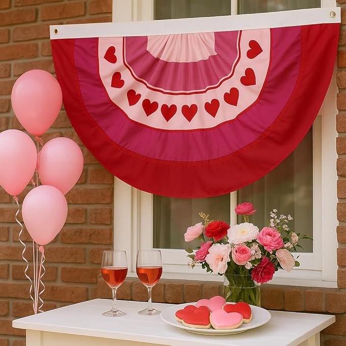 4Pcs Valentine Bunting Flags 2x4Ft Embroidered Love Heart Half Fan Bunting Decor Wedding Season Valentine’s Day Galentine’s Day Outside Banner for Outdoor Porch Garden Fence Décor Engagement Party Anniversary