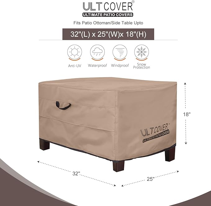 ULTCOVER Waterproof Patio Ottoman Cover Rectangular Outdoor Side Table Furniture Covers Size 32L x 25W x 18H inch