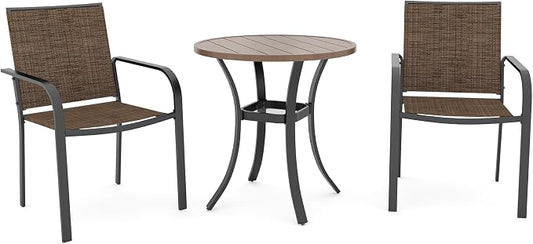 Anmutig Outdoor Bistro Set for 2, Stackable Chairs & Metal Table, Brown | Weather-Resistant Textilene, Black Powder-Coated Steel Frame, Storage Shelf, Easy Assembly, Balcony, Deck, Poolside Use