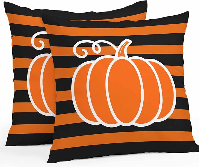 Orange Pumpkins Outdoor Waterproof Pillow Covers, Autumn Black Stripes Farmhouse Decorative Square Throw Pillowcase Sofa Cushion Sham for Patio/Couch/Chair, 24"x24" 2 Pack