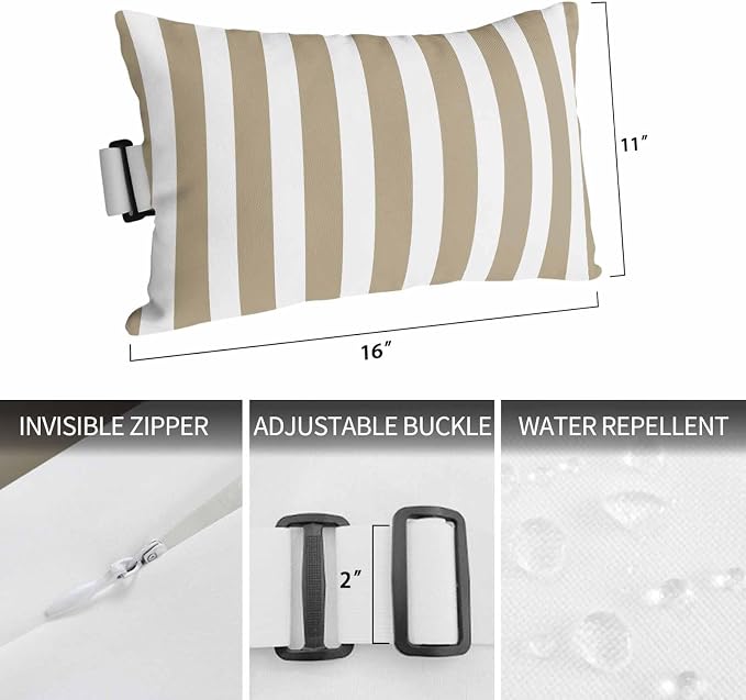 Beige Striped Outdoor Chaise Lounge Head Pillow with Insert,Modern Farmhouse Beige White Stripes Waterproof Headrest Lumbar Pillow Cusion Cover with Elastic Strap for Patio Beach Recliner,11"x16" 1PCS