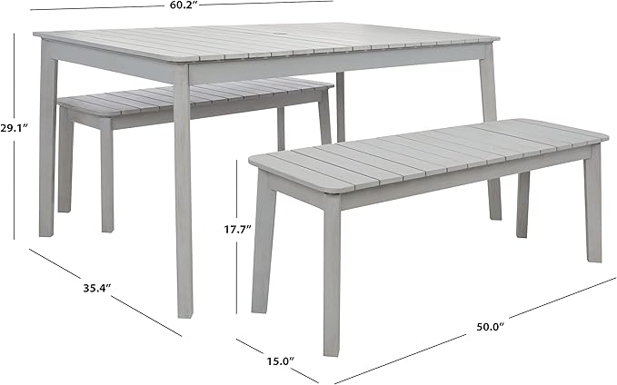 SAFAVIEH Outdoor Collection Europa Grey Acacia Wood 3-Piece Bench Dining Set with Umbrella Hole