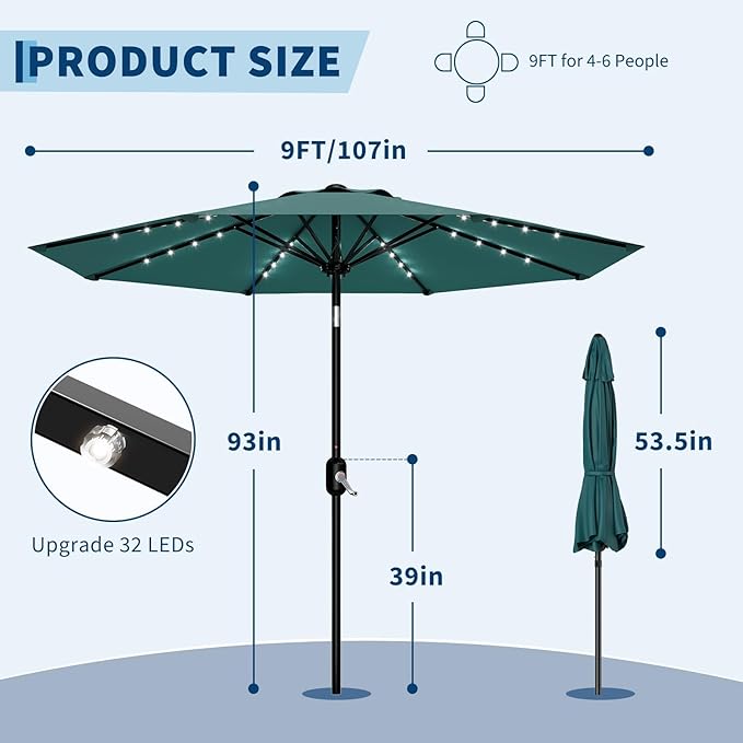Garvee 9/10 FT Solar Patio Umbrella with 32 LED Lights - Outdoor Table Umbrella with Crank Lift, Push Button Tilt and 8 Sturdy Ribs - Market Umbrella UV Protection for Pool, Deck, Yard, Garden