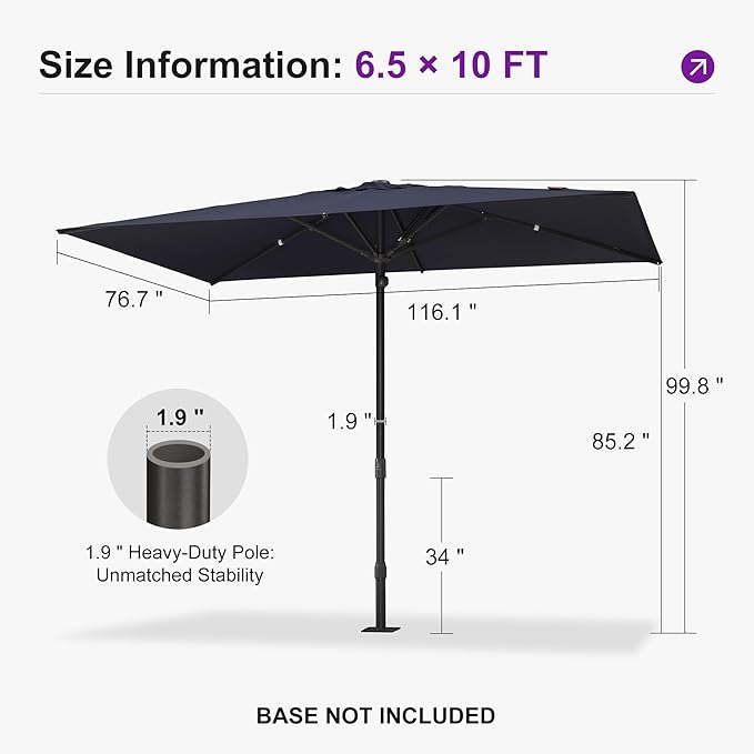 PURPLE LEAF 10' x 6.5' Rectangular Semi-Auto Outdoor Patio Umbrella Aluminium Market Umbrella Table Sun Umbrella with 1.89" Rod and 6 Sturdy Ribs for Deck Lawn Pool Garden, Navy Blue