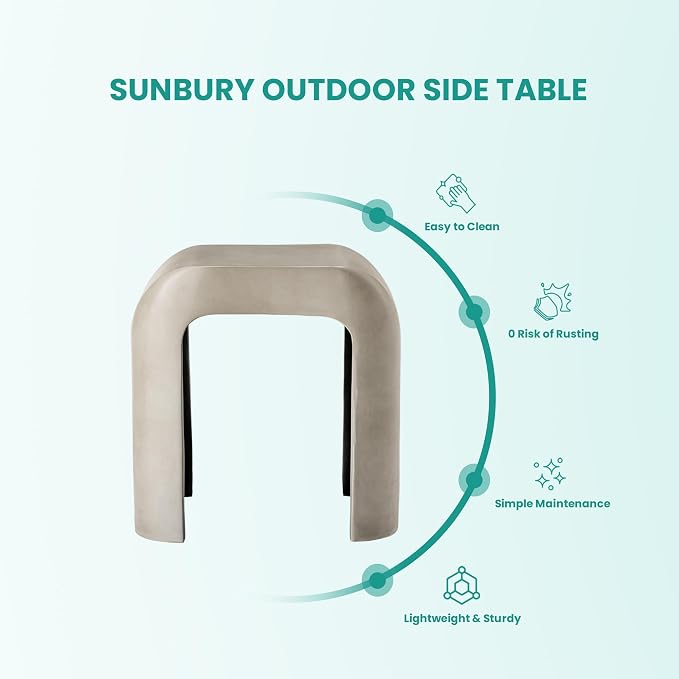 SUNBURY Outdoor Side Table, 18" H Concrete Horseshoe End Table, Rectangular Cement Accent Table for Patio, Round Modern Garden Stool for Patio, Backyard, Grey