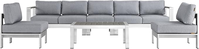 Modway Shore 6-Piece Aluminum Outdoor Patio Sectional Sofa Set in Silver Gray