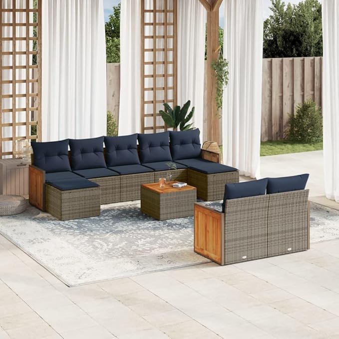 vidaXL Patio Sofa Set with Cushions 10 Piece, Outdoor Conversation Set, Patio Sectional Sofa for Balcony Garden, Modern Style, Gray Poly Rattan
