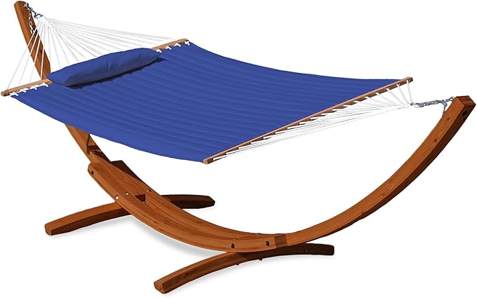 Lazy Daze Hammocks 12 FT Double Quilted Fabric Hammock and 13 FT Brown Wood Arc Stand, with Spreader Bar, Removable Pillow, 2 Person Hammock for Poolside Outdoor Patio, 450 lbs Capacity, Navy Blue