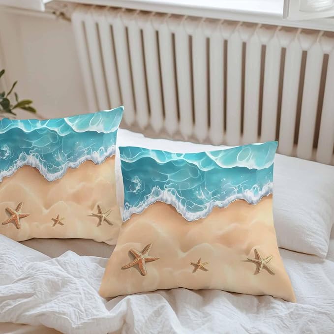 Ocean Beach Waterproof Outdoor Pillow Covers Set of 2 Home Decor, Starfish Sea Waves Coastal Seaside Sand Pillowcase Patio Pillow Covers for Couch Bench Furniture Garden 16x16in