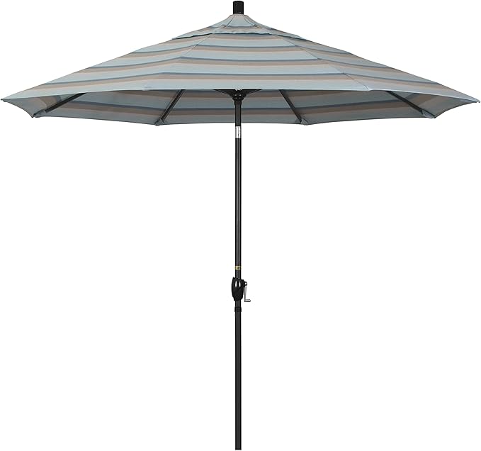 California Umbrella 9' Rd Pacific Trail Series Aluminum Patio Umbrella, Crank Lift, Push Button Tilt, Black Finish, Sunbrella Gateway Mist Fabric