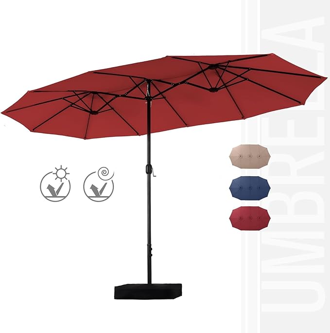 PHI VILLA 15ft Large Patio Umbrella Double-Sided Outdoor Market Pool Umbrellas with Crank, Umbrella Base (Stand) Included(Dark Red)