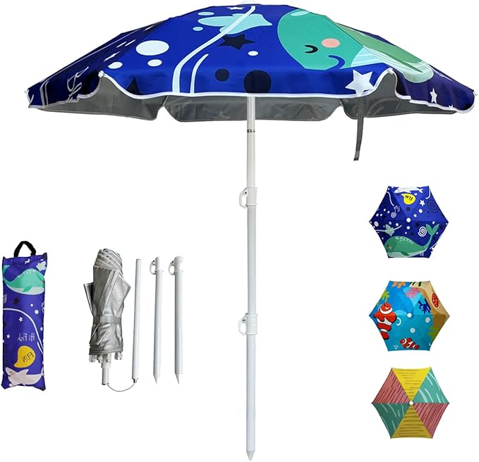 LOTTAFUN Water Table Umbrella Kid 5ft Beach Umbrella Diameter 0.99-1.2 Inches Pole UV 50+ Portable Sun Shade with Sand Anchor & Carry Bag, Outdoor Folding Umbrella for Beach,Pool,Patio,Garden (Dophin)NO Tilt The sand needs to be over 5inches above the ...