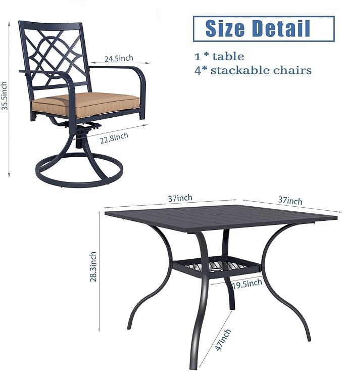Crownland 5 Piece Patio Dining Set, 4 Swivel Metal Chairs and Square Outdoor Dining Table with 1.57" Umbrella Hole (Metal Tabletop)