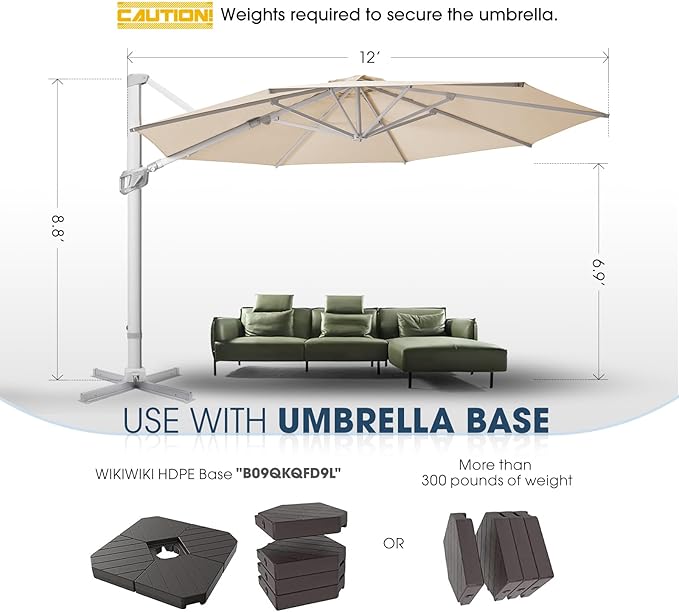 wikiwiki 12FT Cantilever Patio Umbrella, Offset Umbrella Outdoor Patio with 360° Rotation and Unlimited Tilting System, Heavy Duty Large Umbrella with Cross Base, Beige