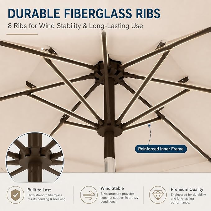 10ft Patio Umbrella, 3-Tier Vented Outdoor Table Umbrella with 8 Sturdy Fiberglass Ribs, Windproof Market Umbrella with Push Button Tilt and Crank, UV Protection for Deck, Pool, Beige