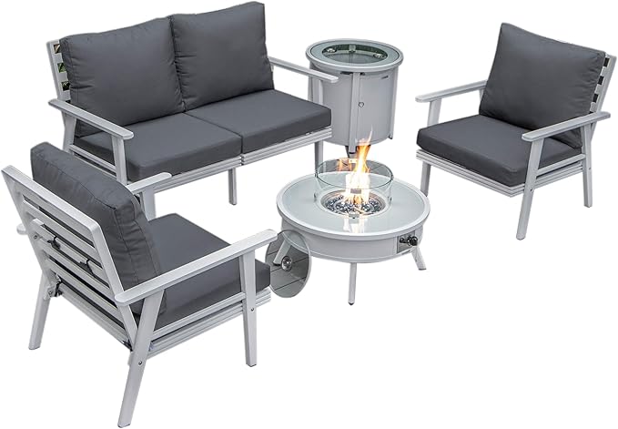 LeisureMod Walbrooke Modern Aluminum 5-Piece Patio Conversation Set with Outdoor Round Firepit Table & Side Table Tank Holder (Charcoal)