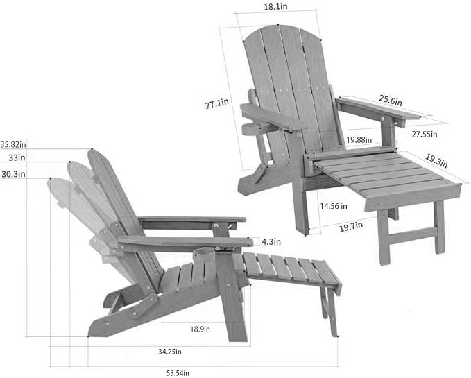 Outdoor Foldable Adirondack Chair with footrest,Patio Recliner,3-Level Adjustable Backrest,Hidden Ottoman,Ergonomic Design,Ideal for Patio,Camping, Pool Use.(White)
