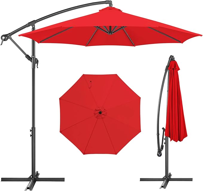Offset Patio Umbrella Cantilever - 10 FT Cantilever Umbrella Outdoor with Crank and Cross Base, UV Protection Large Patio Umbrella for Garden, Deck, Backyard, Pool, Porch (Red)