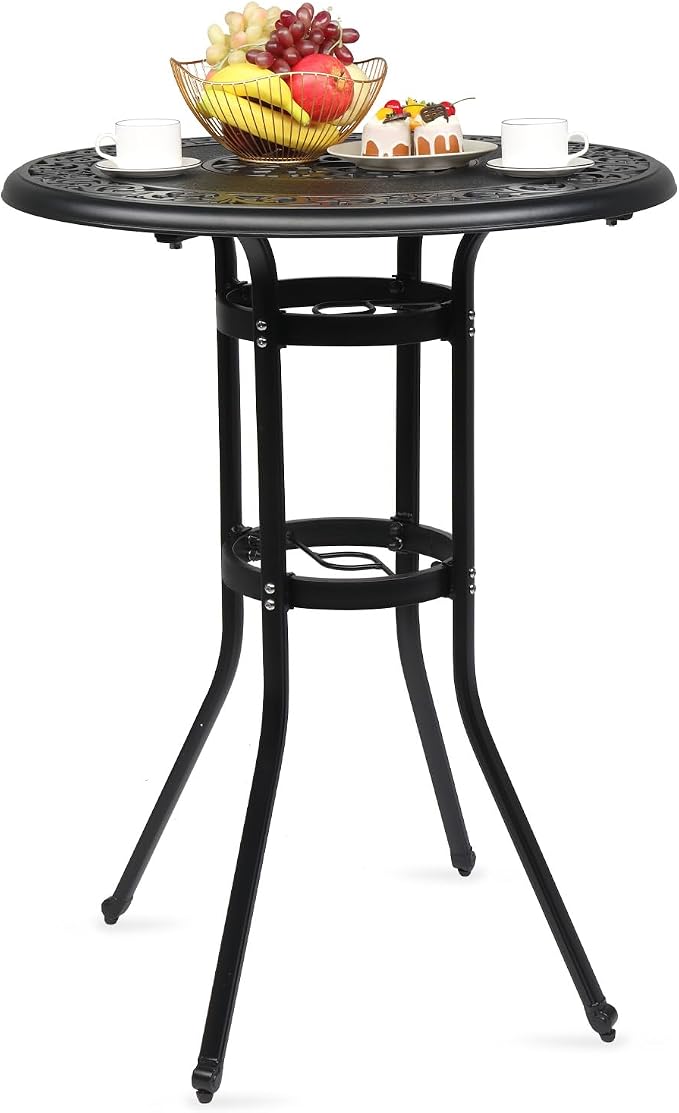 VINGLI 32" Outdoor Bar Table - Patio Bar Height with Umbrella Hole, Cast Aluminum Tall Outdoor Bistro Table for Balcony (Black)