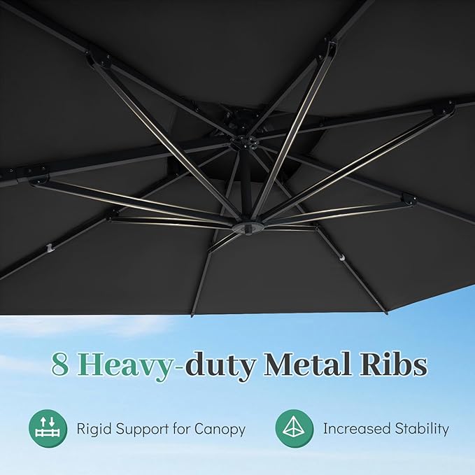 Tangkula 10 FT Patio Cantilever Umbrella, Large Square Offset Hanging Umbrella w/ 360° Rotation, 8 Sturdy Ribs, Air Vent & Cross Base, Heavy-Duty Outdoor Sun Shade for Backyard Pool Garden Deck, Grey