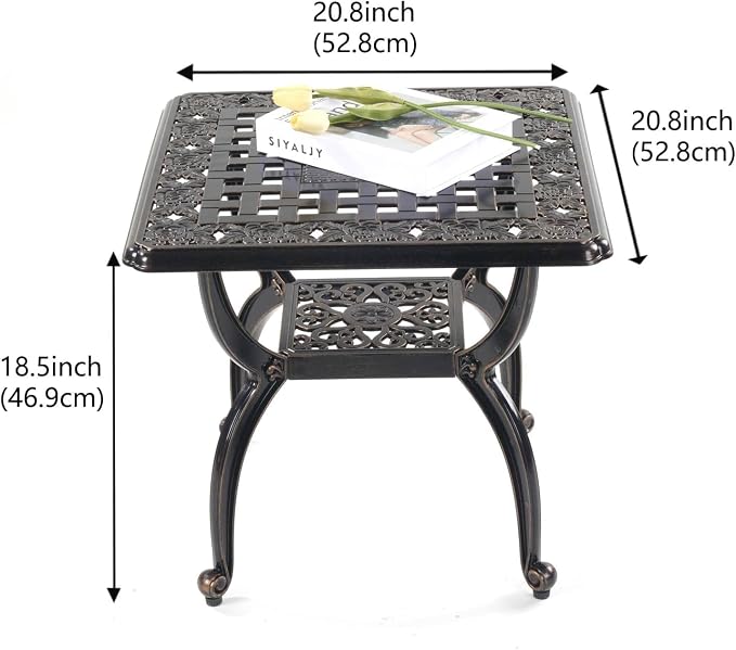 Square Outdoor Coffee Table Set of 2, Cast Aluminum Side Table with Storage,Indoor End Table, All-Weather Bistro Table for Patio Garden Lawn, Bronze