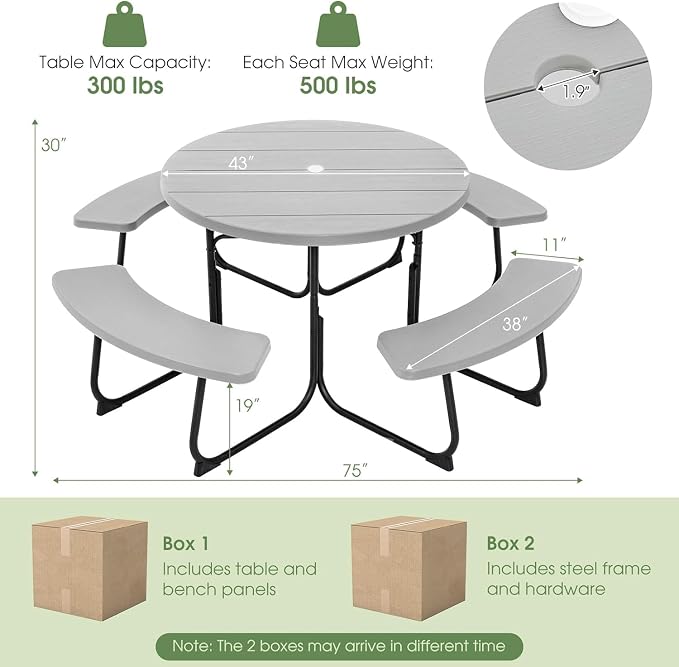 Round Picnic Table for Outdoors, 8 Person Outdoor Picnic Tables & Benches Set with Umbrella Hole, HDPE Tabletop & Metal Frame, 2000 LBS Capacity Table Bench Set for BBQ, Garden, Lawn, Patio