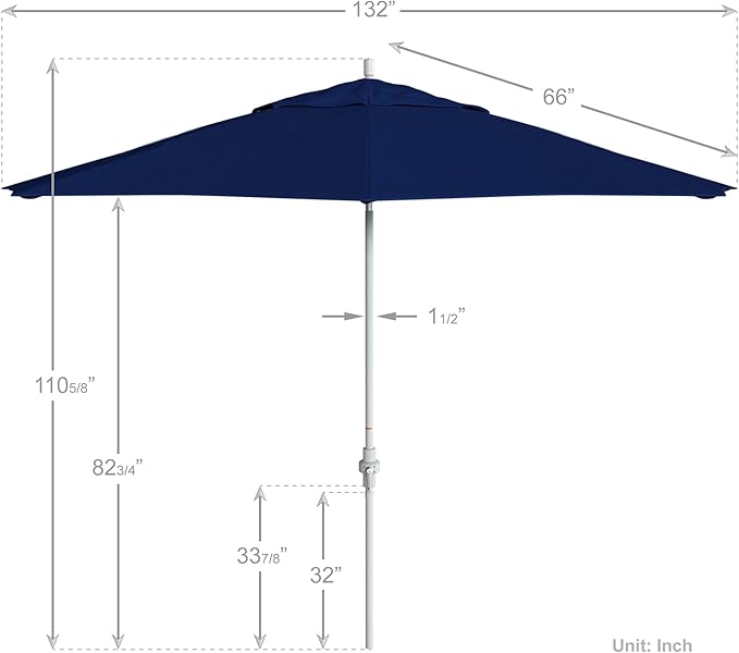 California Umbrella 11Ft Premium Sunbrella Patio Umbrella, Hand-Crank, Tilt-Collar, White Frame, True Blue Fabric